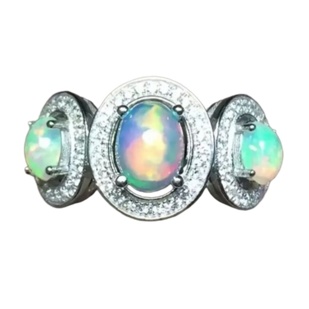 Vintage Lab Created 3 moonstone ladies ring sz 8